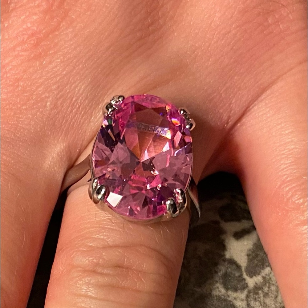 Elegant Pink Oval Solitaire Synthetic Cubic Zirconia Silver Plated Ring
